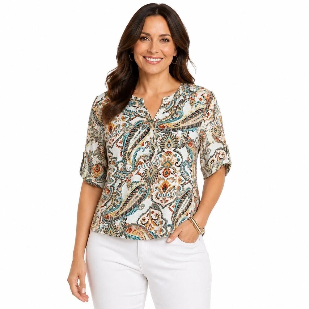 Chico's Shirt Womens L Multicolor Paisley Henley 3/4 Roll Tab Sleeve Jersey Top